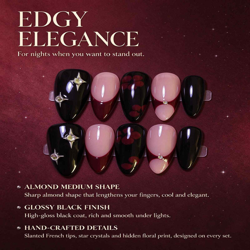 After-Dark Romance: Black and Burgundy Slanted French Press-On Nails