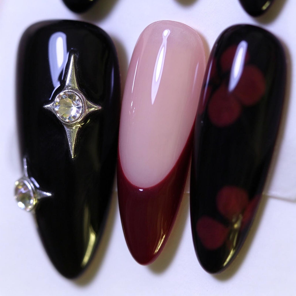 After-Dark Romance: Black and Burgundy Slanted French Press-On Nails