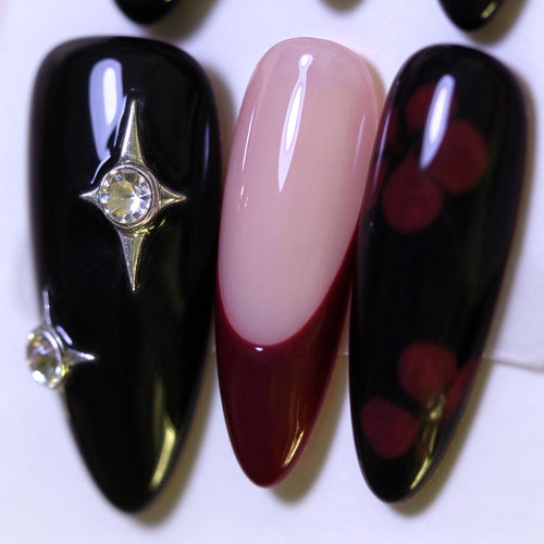 After-Dark Romance: Black and Burgundy Slanted French Press-On Nails