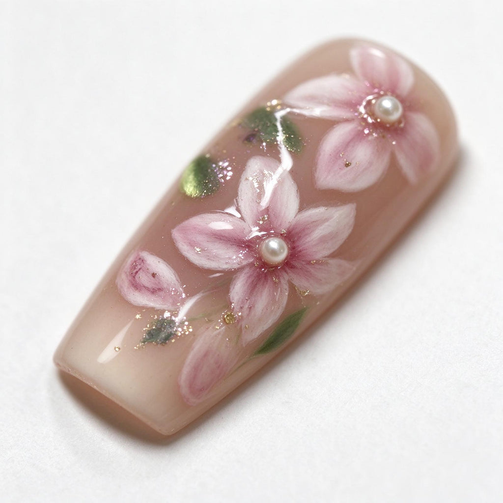 Nude Pink 3D Floral Press On Nails with Pearls & Gold Foil, Handmade