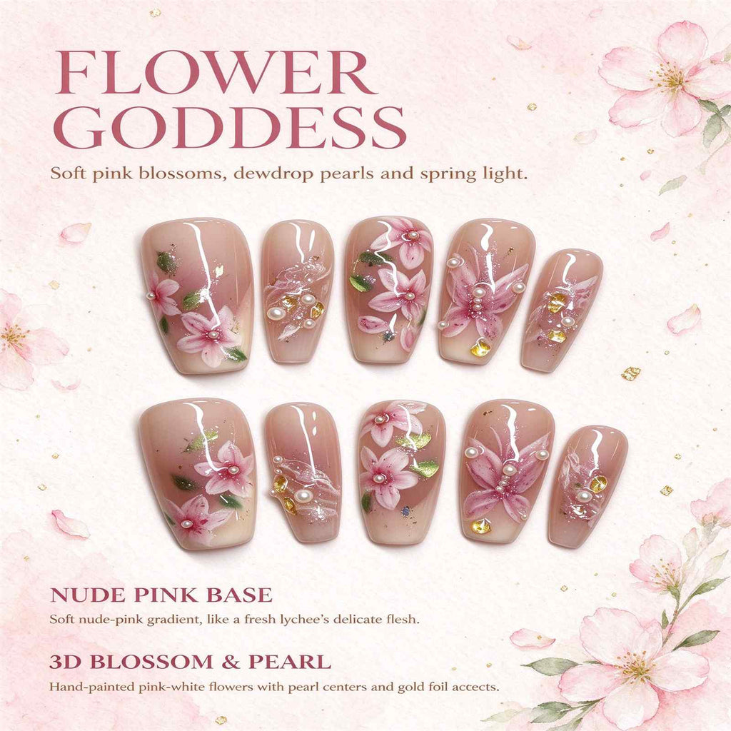 Nude Pink 3D Floral Press On Nails with Pearls & Gold Foil, Handmade