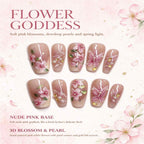Nude Pink 3D Floral Press On Nails with Pearls & Gold Foil, Handmade