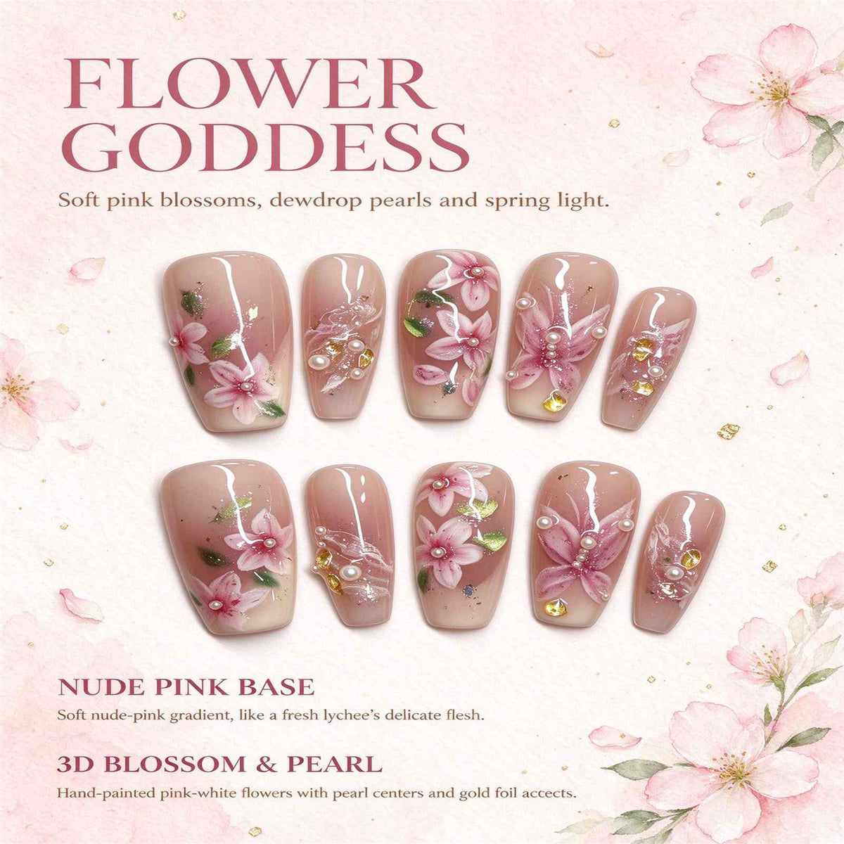 Nude Pink 3D Floral Press On Nails with Pearls & Gold Foil, Handmade
