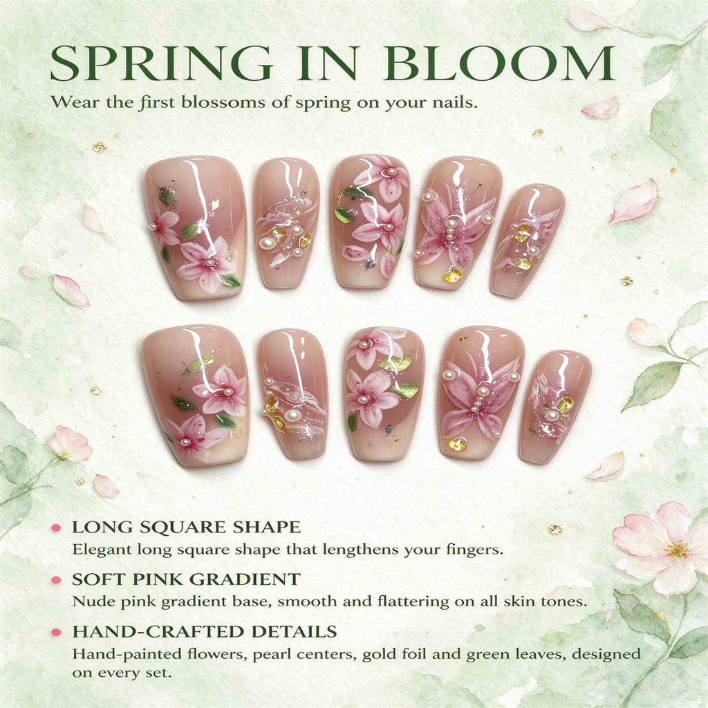 Nude Pink 3D Floral Press On Nails with Pearls & Gold Foil, Handmade