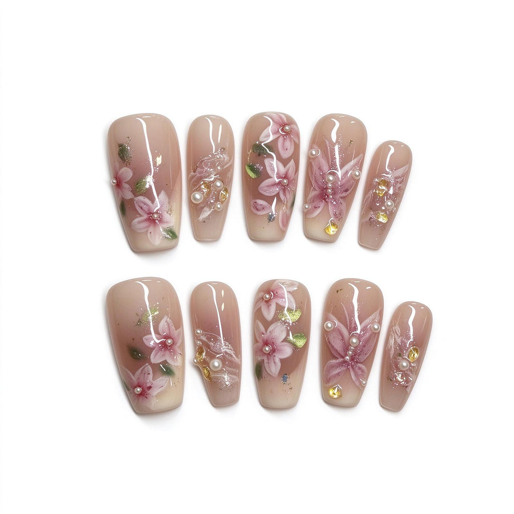 Nude Pink 3D Floral Press On Nails with Pearls & Gold Foil, Handmade