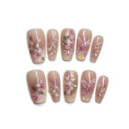 Nude Pink 3D Floral Press On Nails with Pearls & Gold Foil, Handmade