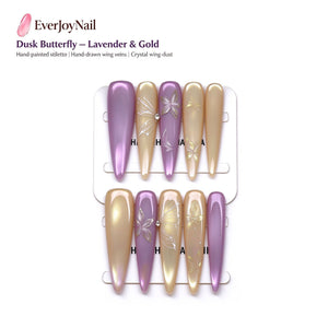 Butterfly at Dusk: Lavender and Champagne Gold Hand-Painted Press-On Nails
